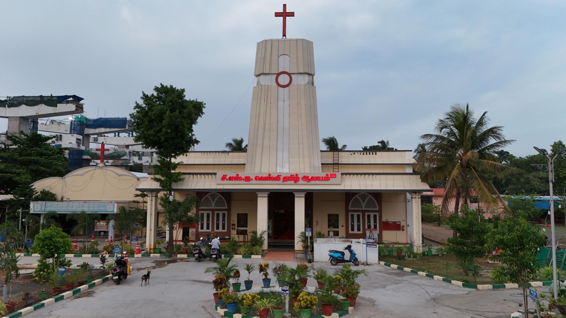 Front view of the church entrance and bell tower